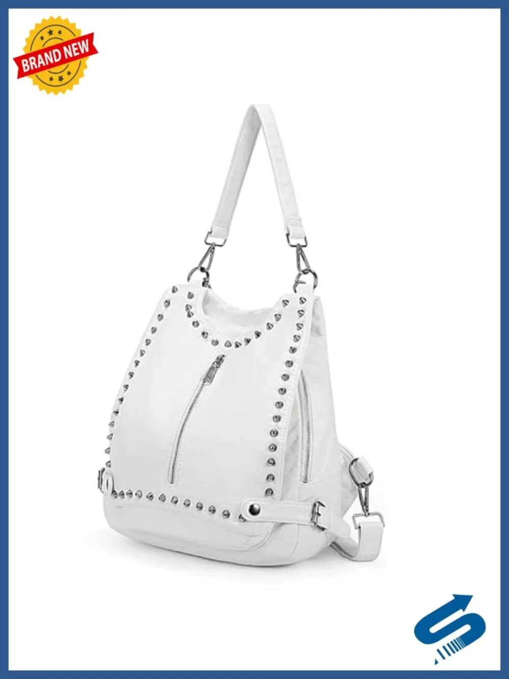 PU Washed Leather Rivet Studded Convertible Backpack Purse Rucksack Shoulder Bag
